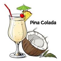 pina colada cocktail, handgezogenes alkoholgetränk mit kokosnuss, ananasscheibe und kirsche. Vektorillustration auf weißem Hintergrund vektor