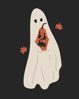 handgezeichnete Halloween-Grußkarte mit niedlichem Geist und gruseligen Kürbissen vektor