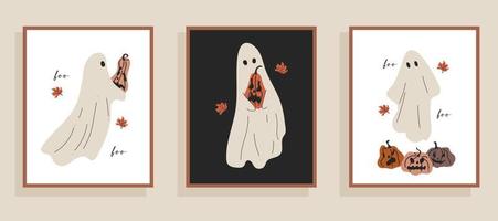 halloween-kortdesign med ett sött spöke och läskiga pumpor vektor