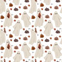 handritade sömlösa mönster med läskiga ansikten och spöken för halloween vektor