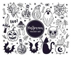 Halloween-Vektorsymbole gesetzt. Herbstferiensymbole - Kürbis, schwarze Katze, Fledermaus, Spinnennetz, Hexentrank, magische Elemente. karikaturgekritzel lokalisiert auf weiß. Skizze für saisonale Dekorationen vektor