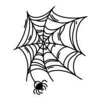 Spinne, die ein Web-Vektorsymbol dreht. Das Spinnentier sitzt auf einem krummen, klebrigen Spinnennetz. Umriss, einfache Skizze, isoliert auf weiss. hauchdünnes Gekritzel. illustration für halloween-dekor, feiertagskarten, logo vektor