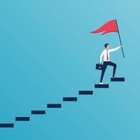 framgångsrik affärsman håller röd flagga på toppen av stegen. framgång och utveckling, personlig tillväxt och övervinna utmaningar vektor