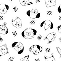 svarta och vita doodle hundar ansikten. handritade prickar. tecknade valpar huvud. olika hundraser. vektor illustration.