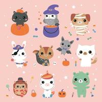 kawaii tiere in halloween-kostümen. süße Zeichentrickfiguren in Kürbis, Hexe, Mumie, Zombie, Einhorn, Zauberer, Pirat, Skelett, Vampir und Geister-Outfit.