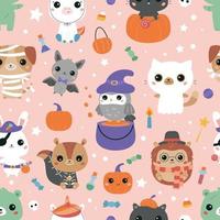 halloween nahtloses muster mit niedlichen kawaii-tieren in kostümen. lustige zeichentrickfiguren - igel, bär, hase, katze, hund, eule, eichhörnchen, pony und fledermaus. Vektor-Illustration. vektor