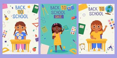 Set von Back-to-School-Banner-Design mit farbenfrohem, lustigem Schulcharakter, Bildungsartikeln. bunte Back-to-School-Vorlagen für Einladung, Poster, Banner, Promotion, Verkauf usw. vektor