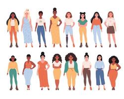 Frauen verschiedener Rassen, Körpertypen, Frisuren. soziale Vielfalt der Menschen in der modernen Gesellschaft. Frau mit körperlicher Behinderung vektor