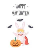 söt vit kanin i en halloween-dräkt med en pumpa och fladdermöss. glad halloween gratulationskort. vektor