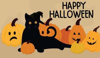 halloween banner med katt och pumpor vektor