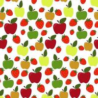 Nahtloser Hintergrund mit Erdbeeren und Äpfeln, von Hand gezeichnet. kinderillustration, vektorillustration. vektor