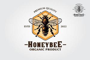 Honigbienen-Logo-Illustration. Illustrationsdesign für Honiginsekten, Logo für Bio-Produkte. Bienenhauselement, Schädlingsabzeichen oder Tätowierung. Thema Biologie und Entomologie.