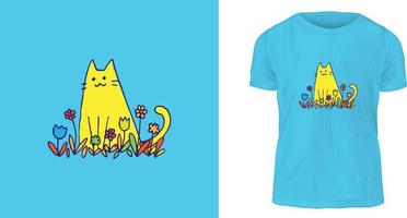 T-Shirt-Designkonzept, eine gelbe Katze im Garten vektor