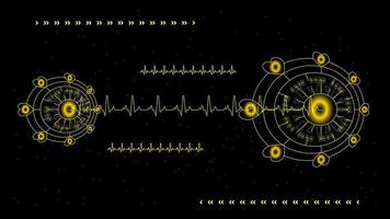 herzpuls oder ekg im monitor für ui hallo-tec-schnittstelle schwarz-gold-digitaltechnologie mit leuchtenden partikeln, vektorillustration. vektor