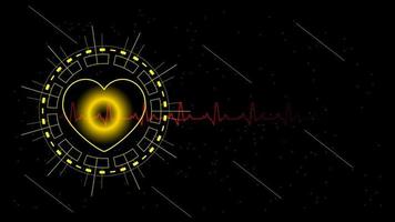 hjärtpuls eller ekg i monitor för ui hi-tec-gränssnitt svart och guld digital teknik med glödande partiklar, vektorillustration. vektor