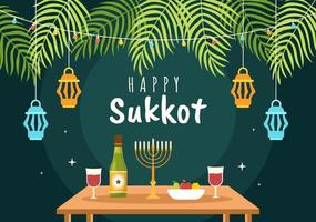 glad judisk semester sukkot handritad tecknad platt illustration med sukka, etrog, lulav, arava, hadas och dekorationsbakgrundsdesign vektor