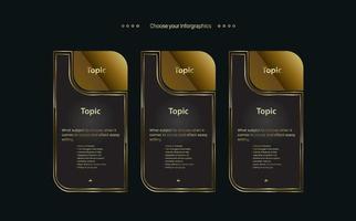 3 Premium-Schaltflächen, Symbole, Symbole, Schritte des Workflow-Vorlagendesigns und mehrzweckiger goldener Infografik-Vektor auf dunklem Hintergrund vektor