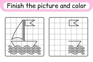 färdigställ bildskeppet. kopiera bilden och färgen. avsluta bilden. målarbok. pedagogiskt ritövningsspel för barn vektor
