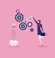 Geschäftsfrau implementiert ein Geschäftsideenkonzept rosa Hintergrund vektor
