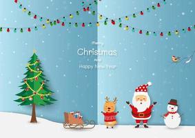 god jul och gott nytt år gratulationskort med jultomten och vänner glada på vinternatt bakgrund vektor