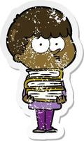 beunruhigter Aufkleber eines neugierigen Cartoon-Jungen mit vielen Büchern vektor