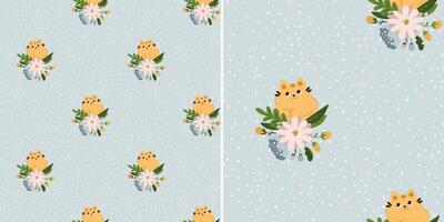 Nahtloses Muster mit süßen Katzen in Blumen auf blauem Hintergrund. kindertextur im skandinavischen stil für stoff, textil, kleidung, kinderzimmerdekoration. Vektor-Illustration vektor