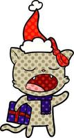 serietidning stil illustration av en katt med julklapp bär tomte hatt vektor