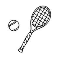 handgezeichneter Doodle-Tennisball und Schläger. Vektor-Tennisausrüstung. Gliederung. vektor