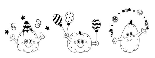uppsättning doodle tecknade glada pumpor barnsliga festliga cliparts för halloween disposition skiss vektor