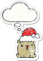 süßer Cartoon-Bär mit Weihnachtsmütze und Gedankenblase als Distressed-Wrap-Sticker vektor