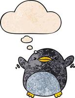 niedlicher Cartoon flatternder Pinguin und Gedankenblase im Grunge-Texturmuster-Stil vektor