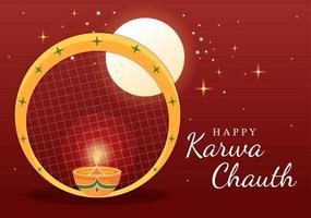 karwa chauth festival handgezeichnete flache karikaturillustration, um den neumond zu beginnen, indem sie den mondaufgang im november von ehefrauen für ihre ehemänner sehen vektor