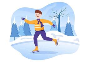 eislaufen handgezeichnete flache illustration der karikatur von winterspaß im freien sportaktivitäten auf der eisbahn mit saisonaler oberbekleidung vektor