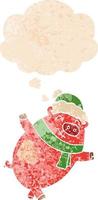 karikaturschwein mit weihnachtsmütze und gedankenblase im retro-strukturierten stil vektor