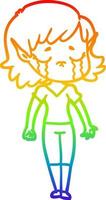 Regenbogen-Gradientenlinie Zeichnung weinendes Cartoon-Elf-Mädchen vektor