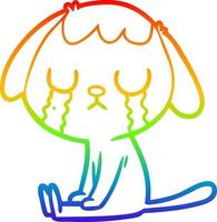 Regenbogen-Gradientenlinie zeichnet niedlichen Cartoon-Hund weint vektor