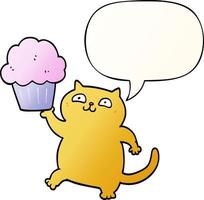 Cartoon-Katze und Cupcake und Sprechblase in glattem Farbverlauf vektor