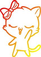 Warme Gradientenlinie zeichnet Cartoon-Katze mit Schleife auf dem winkenden Kopf vektor