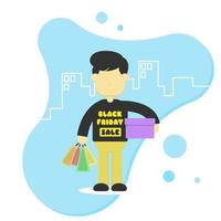ein mann trägt viele taschen und eine kiste während eines schwarzen freitagsverkaufs. geeignet für Black Friday-Events vektor