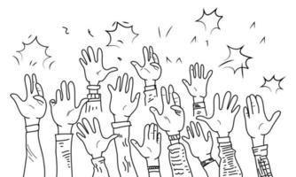 hand dragen av på klotter händer upp. händer applåder ovation. vektor illustration