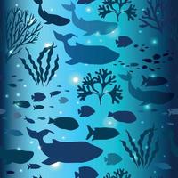 sömlös mönster av söt blå val, fisk och koraller. värld hav dag juni 8. tropisk yta med av under vattnet värld och marin djur. vektor illustration för design, dekor, flygblad.
