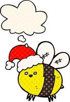niedliche Cartoon-Biene mit Weihnachtsmütze und Gedankenblase im Comic-Stil vektor