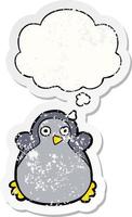 Cartoon-Pinguin und Gedankenblase als beunruhigter, abgenutzter Aufkleber vektor