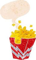 tecknad serie låda av popcorn och Tal bubbla i retro texturerad stil vektor