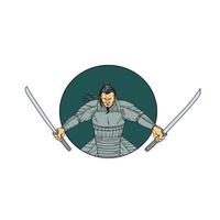 samuraj krigare svängande två svärd oval teckning vektor