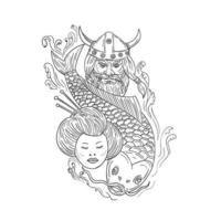 viking karp geisha huvud svart och vit teckning vektor