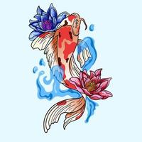 hand gezeichneter koi-fisch, tropische japanische blumenvektorillustration. bunter koi-karpfen mit wasserspritzer, lotus- und pfingstrosenblume. Druck für T-Shirt-Grafiken und andere Zwecke. vektor