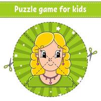 schneiden und spielen. Rundes Puzzle. Logikrätsel für Kinder. Aktivitätsseite. Schnittübungen für die Vorschule. Zeichentrickfigur. vektor