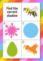 Finden Sie den richtigen Schatten. bildungsentwicklungsarbeitsblatt für kinder. Puzzlespiel. Aktivitätsseite. Zeichentrickfigur. Vektor-Illustration. vektor