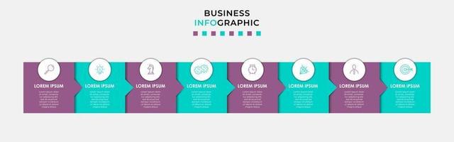 Vektor-Infografik-Design-Geschäftsvorlage mit Symbolen und 8 Optionen oder Schritten. kann für Prozessdiagramme, Präsentationen, Workflow-Layouts, Banner, Flussdiagramme und Infografiken verwendet werden vektor